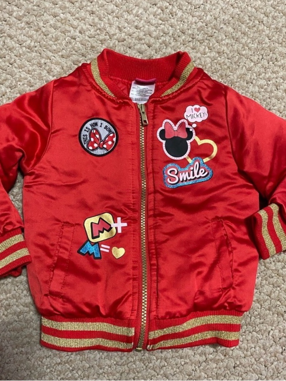 Disney toddler girls size 3T Red Satin Minnie Mouse Patch Bomber Jacket